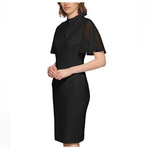 CALVIN KLEIN TIE NECK CHIFFON FLUTTER SLEEVE SHEATH DRESS, BLACK, SIZE 2